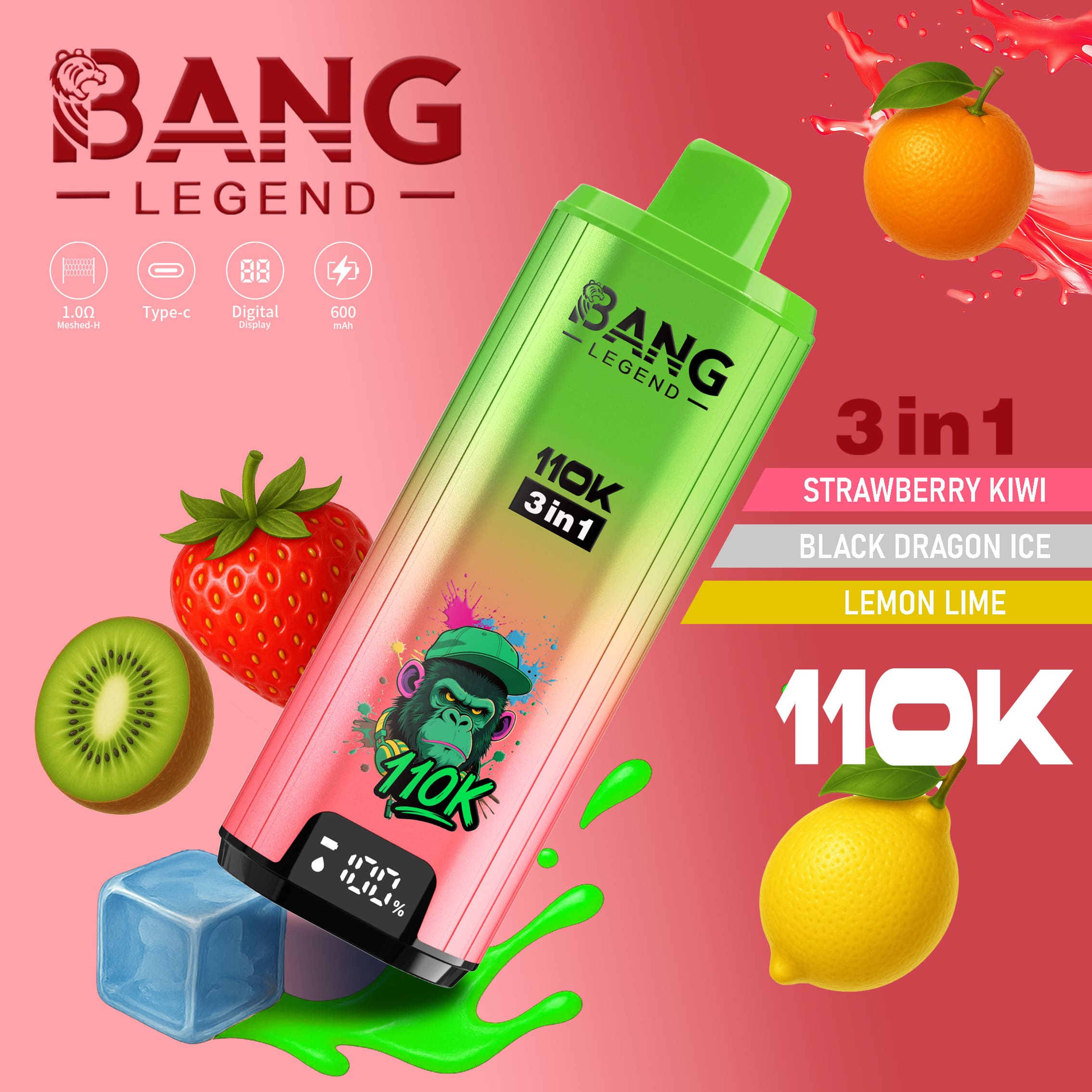 Bang Legend 110000 Puffs 3in1 Vape – Ultra Long-Lasting, Mesh Coil, Type-C Charging, 12 Flavors